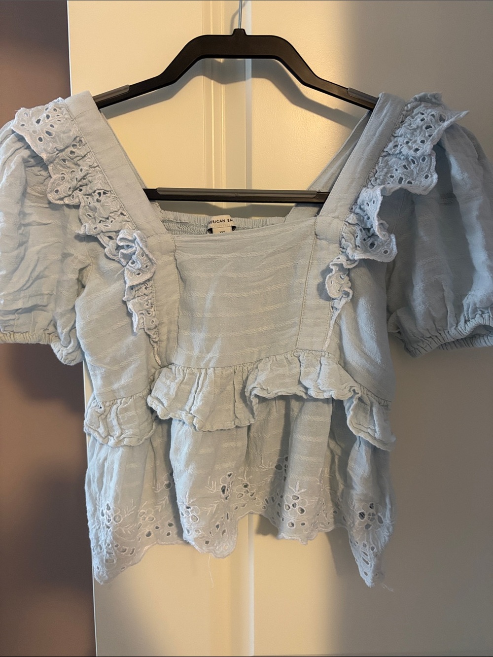 American Eagle Outfitters Pale Blue Ruffle Eyelet Peasant Top